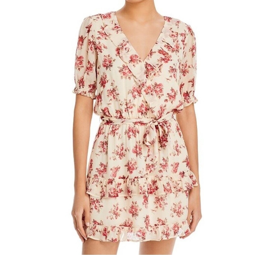 PAIGE Evona 100% Silk Pink/Ivory Floral Ruffle Short Sleeve V-neck Mini Dress XS